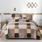 Mybedsoul Patchwork Quilt Set Queen Size3 Pieces Brown Floral Plaid Patchwork Re