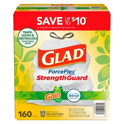 Glad ForceFlex 13 Gal Trash Bags, Gain + Febreze Scent, 160‑Count Roll