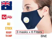 3 Face Mask Respirator & 6 Filters P2 Washable Adjustable TT