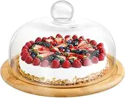 GARNECK Wood Cake Stand with Glass Dome Chocolate Cupcake Candy Display Plate Salad Bowl Snack Tray Serving Platter for Wedding Birthday Party Supplies 24cm