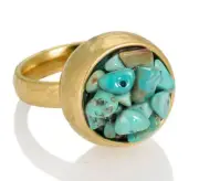 Unique Hammered Yellow Gold 24K Plated Ring Set With Turquoise Stones Sz 8