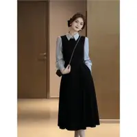 在飛比找ETMall東森購物網優惠-黑色秋季復古條紋拼接假兩件裙子