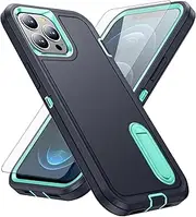 Phone Case for iPhone 12 Pro iPhone12 6.1 with Tempered Glass Screen Protector Cell Cover Hybrid Hidden Stand Rugged Shockproof Hard Heavy Duty Protective iPhone12pro 5G i 12s 12pro (Navy+Cyan)