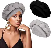 [XEPST] African Turban Head Wrap Big Braid Cross Turban Hat for Women, 2 Pieces Twisted Head Wraps Pre-Tied Stretchy Soft Chemo Headwear, Black，gray, One Size
