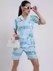 Blue Mix Fruit Print Linen Women Shorts Co-Ord Set by snavia