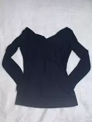Pearl By Lela Rose Women's Black Wide V-Neck Long Sleeve Jersey Ruched Top M NWT
