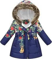 [FEOYA] Kids Toddler Girl Snow Hooded Jackets Warm Fleece Lined Coats Winter Puffer Padded Jackets Long Sleeve Zip Up Outwear Cute Printed Coat Thick Thermal Overcoat for 2-7 Years