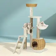 i.Pet 138cm Cat Tree, Cats Scratching Post Multi-Level Tower Pet Scratcher Climbing Trees Posts Indoor Kittens Rattan Play House Kitty Activity Center, with Plush Cover Condo Hammcok Bed Beige