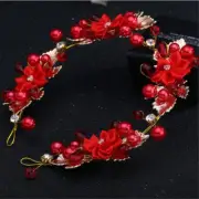RED & GOLD CROWN/TIARA/HEADBAND, CLEAR CRYSTALS & RED PEARLS & FLOWERS