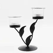 Hosley® Metal Clear Glass Tealight Candle Holder Tealight Candle Holder with Glass Holder Perfect for Home Decor, Wedding,Tabletop 2-Cup Centrepiece Pack of 1,with Pack of 2 Tealights (Black)