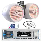 White 8" Marine Tower LED Speakers, Antenna, Bluetooth Pyle USB AUX AM FM Radio