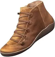 [Tatumaie] Fall Ankle Boots for Women No Heel 2024, New Arch Support Boots Fashion Lace Up Side Zipper Retro Ankle Booties, Comfortable Slip On Flat Low Heel Boots