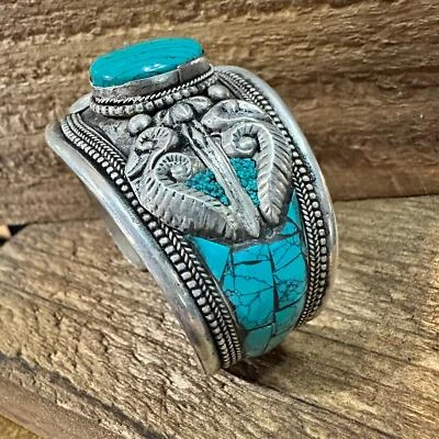 German Silver Bangle with Vibrant Blue Turquoise Stone