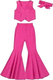 [ODOLDI] Cowgirl Outfits for Girls Hot Pink Bell Bottoms Disco Outfit Sleeveless Vest Top Flare Pants Cowgirl Costumes