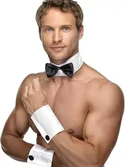 [Vaulted Skulls & Co] Collar Bow Tie & Cuff Set | Funny Waiter Outfit | Chippendale Costume | Skimpy Tuxedo Costume | Bow Tie and Cuff Set | White/Black | One Size, White and Black