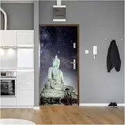 Door Stickers Buddha PVC Self-Adhesive Door Sticker Yoga Room Meditation Mural Wallpaper Waterproof Living Bedroom(N,90x200cm)