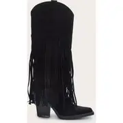 Black Faux Suede Point Toe Fringed Heel Knee High Western Boots, Black