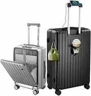 [AUSWAY] 2PCS Luggage Travel Set Carry On Suitcases 20" /26" Checked Bags Hard Case Front Open Pocket USB Charging Ports Phone Cup Holder Black Grey