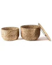 HAPPIMESS Bhola 18in Hourglass Handwoven Hyacinth Storage Accent Table with Lid