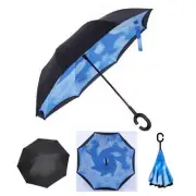 BLUE SKY C HANDLE UMBRELLA Reverse Inside Out Folding Double Layer Nylon Rain UV