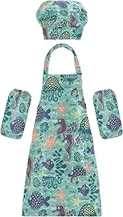 AIXIWAWA Kids Apron Chef Hat Set, Child Kitchen Bib Aprons Adjustable for Cooking Baking Painting (Kawaii Sea Animals)