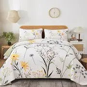 Dobuyly Sage Green Floral Quilt Set King Size, Yellow White Botanical Flower Quilt 3 Pieces Spring Bedspread Coverlet Set, Soft Lightweight Microfiber Bedding Set for All Season, 104"x90"