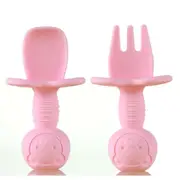 PINK Baby Spoon & Fork Toddler Utensils Self Feeding Training Silicone Cutlery Sets