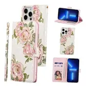 UEEBAI Wallet Case for iPhone 15 Pro, PU iPhone 15 Pro 6.1 inch White Rose