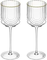 The House of Florence Elegant Art Deco Embossed Clear Set of 4, 440ml Wine Goblets with Gold Rim. for White and Red Wine.