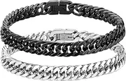 [VZZNN] 2PC 8mm Cuban Link Chain Bracelet for Men Women Boy,Stainless Steel and Black Plated Bracelets Hip Hop Urban Street-wear Jewelry