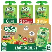 GoGo SQUEEZ Organic 100% Fruit Snacks, Apple/Banana/Strawberry, 3.2oz (12 Pack)