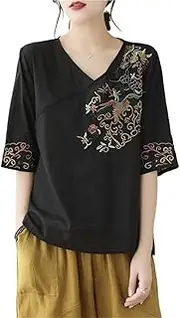 [GHAKKE] 2025 Women's Retro Ethnic Style Tee Tops Exquisite Floral Embroidery Flowy Blouse Casual V Neck Short Sleeves Shirts