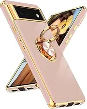 LeYi for Google Pixel 6 Case: 360° Rotatable Ring Holder Magnetic Kickstand, Plating Rose Gold Edge Protective Google Pixel 6 Case, Pink