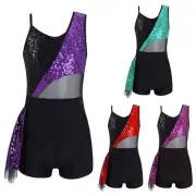 Girls Sequins Mesh Splice Ruffle Leotard Jumpsuit Unitard for Dance Gymnastics