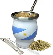 Norte Yerba Mate Cup Set – Stainless Steel Blue & White Insulated 8 oz Cup/Gourd with 2 Bombillas & Cleaning Brush – Traditional Yerba Mate Kit for Tea Drinkers, Travel & Everyday Use