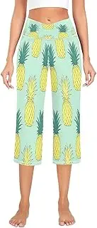 [RPLIFE] Womens Casual Pants, High Waisted Straight Leg Pants, Gym Pant Women Wide Leg, Crossover Workout Pant, Bright Pineapple Print Light Green, S