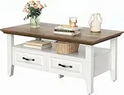[Marsail] Farmhouse Coffee Table with Storage, 39.5 Inch Wood Coffee Table for Living Room, Rustic Center Table with 2 Drawers, Open Display Area, Coffee and White