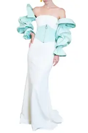 [CHRISTIAN SIRIANO] SMOCK SLEEVE GOWN & CORSET BELT US 4 WHITE