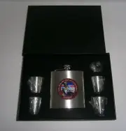 NIB 6oz STAINLESS STEEL SKELETON HIP FLASK FUNNEL & 4 SHOT CUPS