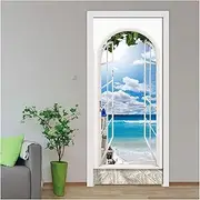 Door Stickers Sea View from The Window Wallpaper Wall Stickers PVC Self-Adhesive Removable 3D Door Stickers Decor Poster(95x215cm)