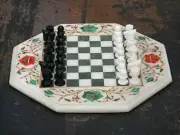 24'' white Marble Chess Table Top pietra dura Inlay Children Game Kids c6