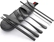 Portable Utensils Dinnerware Set, Travel Camping Cutlery Set - Including Knife Fork Spoon Chopsticks Cleaning Brush Straws Portable Case, 8 Piece Stainless Steel Flatware (Black Cutlery)