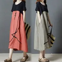 在飛比找樂天市場購物網優惠-韓版中大尺碼女裝 中長款棉麻撞色短袖連衣裙 寬鬆時尚 櫻桃嚴