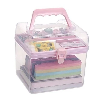 Multipurpose Plastic Craft Storage Containers with Removable Tray, Square Pink