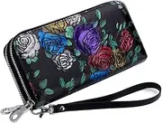 [GENTFOX] Women's Wallet RFID Blocking Leather Double Zipper Cellphone Wallet Long Purse with Removable Wrist Strap (Colored Rose), Silver, Rfid Wallet