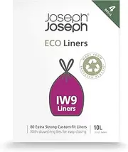 Joseph Joseph Eco Liners IW9 Eco Recycled Plastic Bin Liners, Kitchen Bathroom Waste Bags With Tie Tape Drawstring Handles, Extra Strong – Pack Of 80, Holds 10 Litres, Grey
