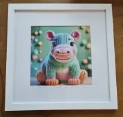 Framed Cute Yarn Hippo Art Print 12x12" White Wooden Frame Nursery Kidsroom NEW