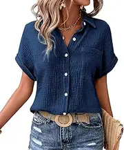 [MAGIMODAC] Ladies Button Down Shirt Short Sleeve Rolled Cuffed Cotton Blouse Ladies Summer Casual V Neck Tops for Women