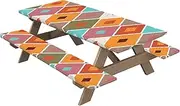 Picnic Table with Bench Covers, Waterproof Table in Rhombic Lattice Design, Camping Tablecloth Picnic Accessories with Elastic Band for Painting Barbecue