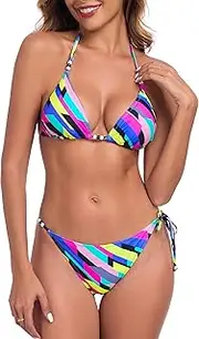[RELLECIGA] Women's Triangle Two Piece Swimsuit Bead Halter Bikini Sets String Bathing Suits